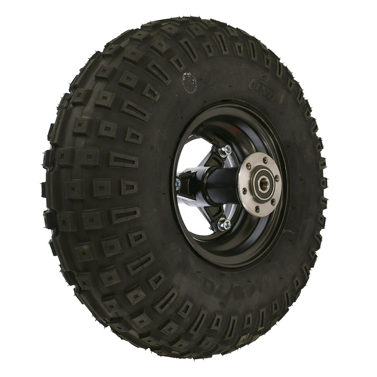 Rear Wheel Assembly for the Monster Moto / Mega Moto Classic 80cc, 105cc, & 1000w Mini Bikes, featuring a 145/70-6 tire with a metal rim and mud-slinging tread for optimal control.