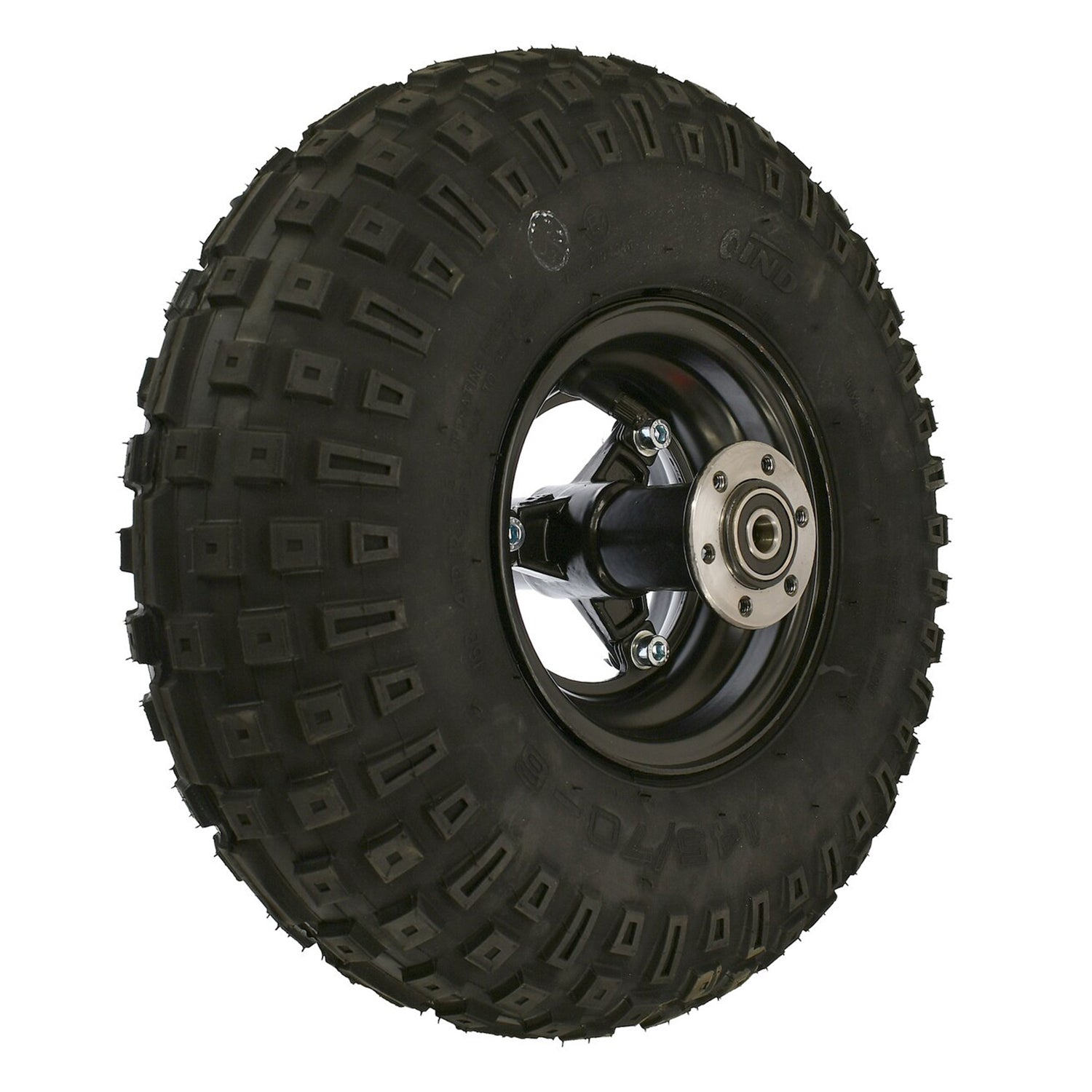 Rear Wheel Assembly for the TaoTao DB100 105cc Mini Bike featuring a 145/70-6 tire with V-tread, mounted on a metal rim, showcasing wheel bearings for enhanced control on rough surfaces.