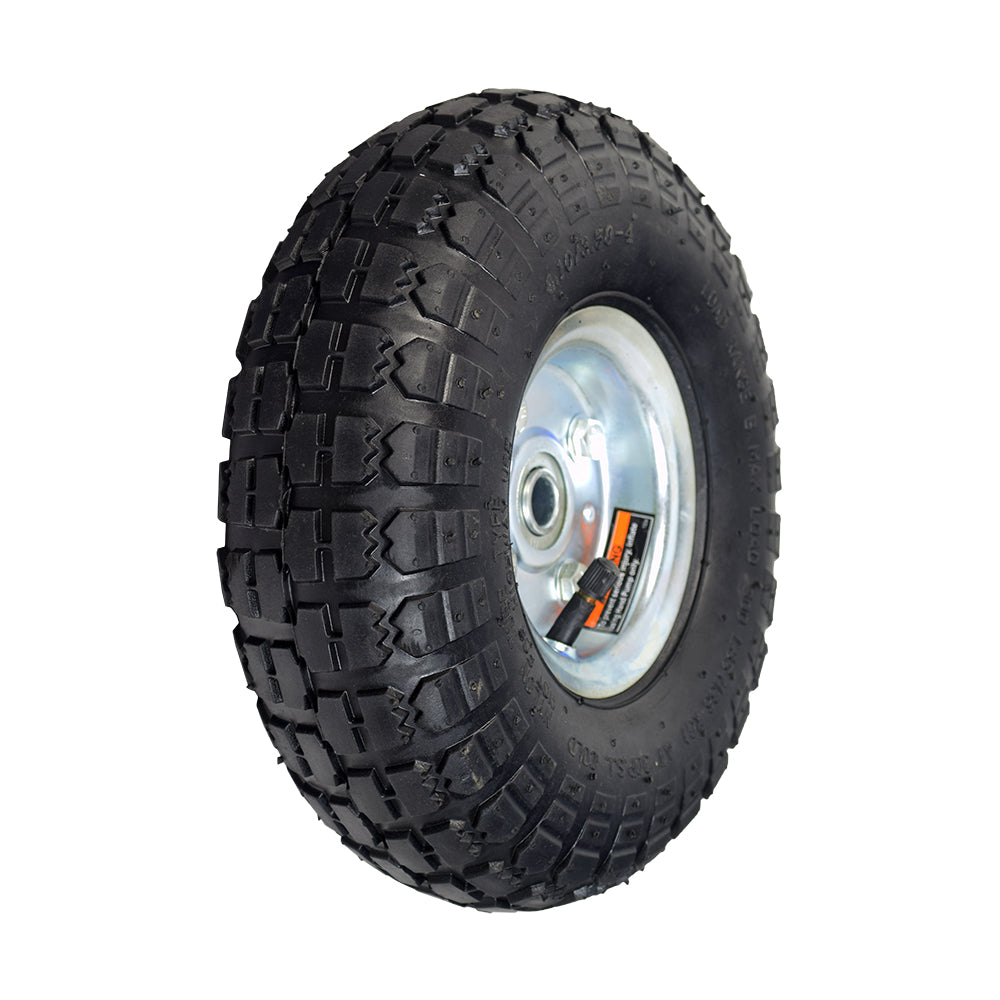 10 Pneumatic Tire Utility Wheel Assembly for Dollies, Wagons, & Carts featuring a heavy-duty steel hub with a knobby tread pneumatic tire and silver rim, including pre-installed ball bearings.