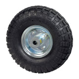 10 Pneumatic Tire Utility Wheel Assembly for Dollies, Wagons, & Carts featuring a black tire with a silver rim, knobby tread, and heavy-duty steel hub with a pneumatic inner tube and pre-installed ball bearings.