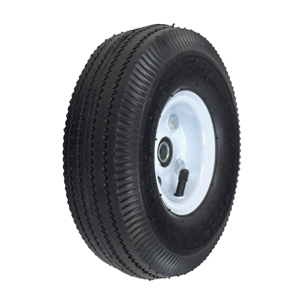 10 Pneumatic Tire Utility Wheel Assembly with Zig-Zag Tread & Steel Rim for Dollies, Wagons, & Carts, featuring a grooved tread pattern, black tire with white rim, and visible tire valve.