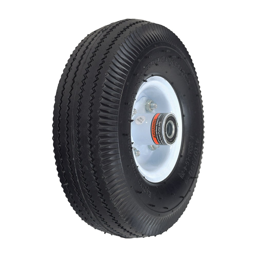 10 Pneumatic Tire Utility Wheel Assembly with Zig-Zag Tread & Steel Rim for Dollies, Wagons, & Carts, featuring a black tire, white rim, visible warning label, and pre-installed ball bearings.