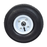 10 Pneumatic Tire Utility Wheel Assembly with Zig-Zag Tread & Steel Rim for Dollies, Wagons, & Carts, featuring a black tire, white steel rim, and visible ball bearings.