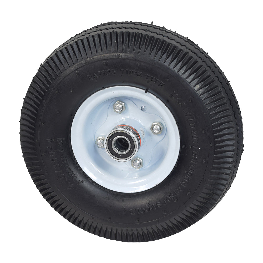 10 Pneumatic Tire Utility Wheel Assembly with Zig-Zag Tread & Steel Rim for Dollies, Wagons, & Carts, featuring a black rubber tire with white steel rim and zig-zag tread pattern, close-up of metal components.