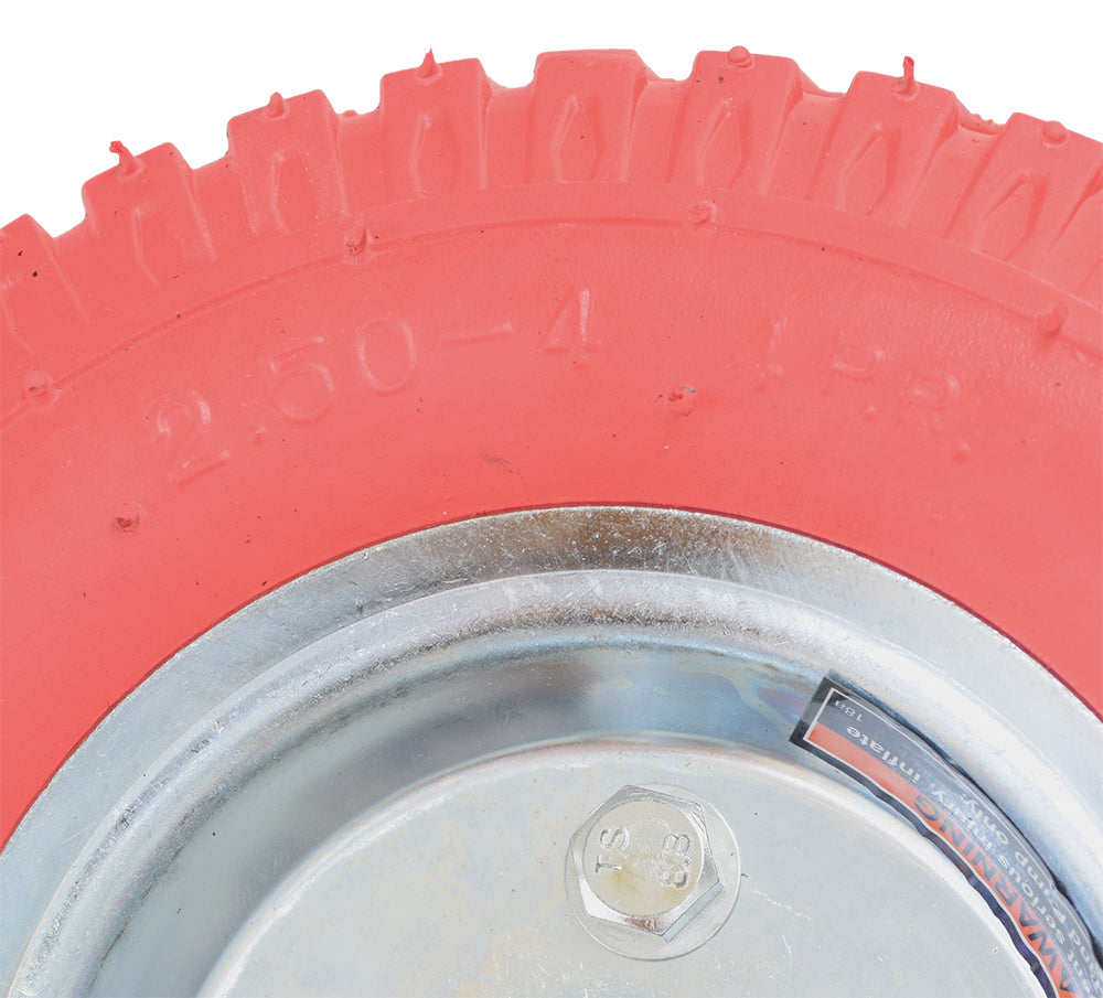 8 Utility Wheel with Pneumatic Non-Marring Tire & Steel Hub featuring a red tire, silver rim, and zinc-plated steel hub, ideal for indoor pushcarts, pullcarts, hand trucks, and dollies.