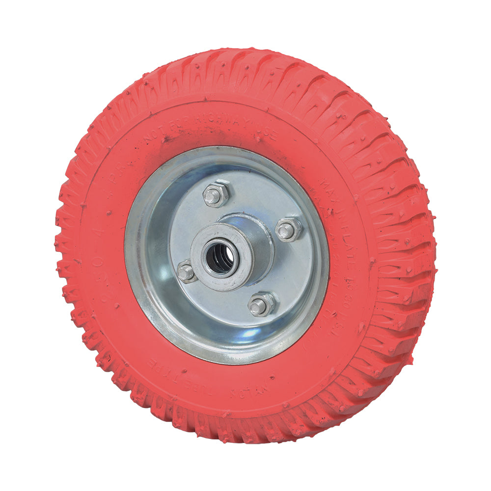 8 Utility Wheel with Pneumatic Non-Marring Tire & Steel Hub featuring a red wheel, silver rim, and visible bolts and nuts, ideal for indoor utility carts and hand trucks.