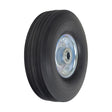 8 Utility Wheel Assembly with a Solid Rubber Tire for Dollies, Wagons, & Carts, featuring a heavy-duty steel hub and ribbed tread, shown in close-up highlighting the metal center and solid rubber tire.