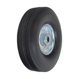 8 Utility Wheel Assembly with a Solid Rubber Tire for Dollies, Wagons, & Carts, featuring a heavy-duty steel hub and ribbed tread, shown in close-up highlighting the metal center and solid rubber tire.