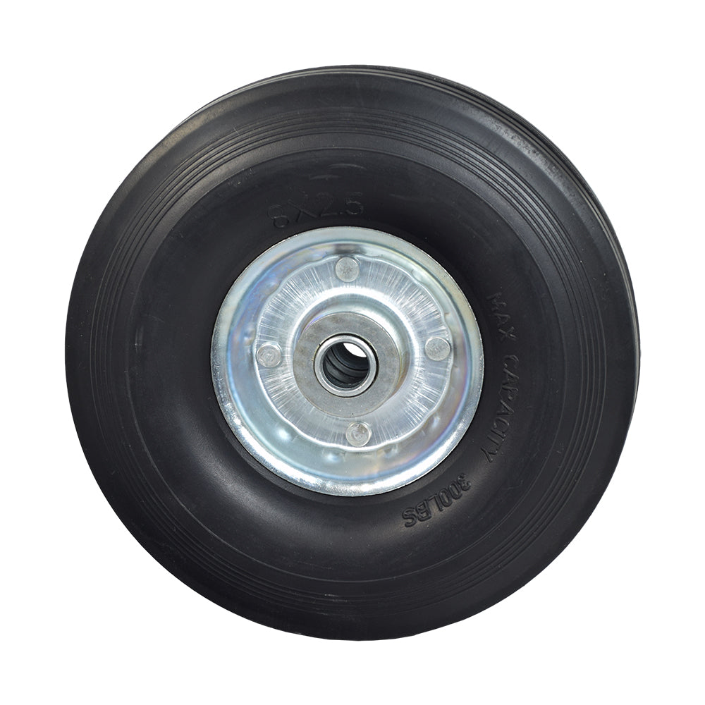 8 Utility Wheel Assembly with a Solid Rubber Tire for Dollies, Wagons, & Carts featuring a durable heavy-duty steel hub and ribbed tread, shown in a close-up of the black wheel with a silver rim.