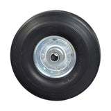 8 Utility Wheel Assembly with a Solid Rubber Tire for Dollies, Wagons, & Carts featuring a durable heavy-duty steel hub and ribbed tread, shown in a close-up of the black wheel with a silver rim.