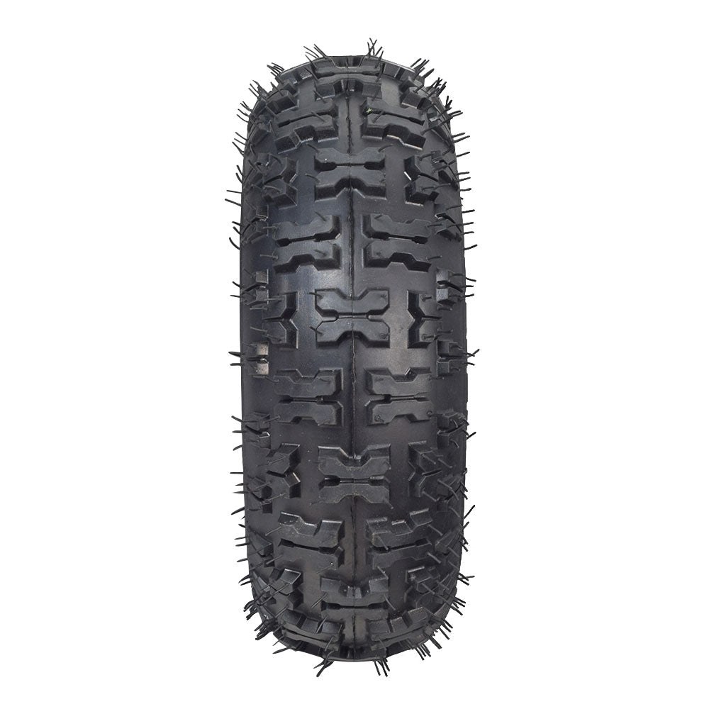 13x5.00-6 Rear Wheel Assembly for the Mega Moto MM-K80R Go-Kart featuring a black tire with aggressive spikes and knobby tread, pre-mounted on a rim, ready for installation.