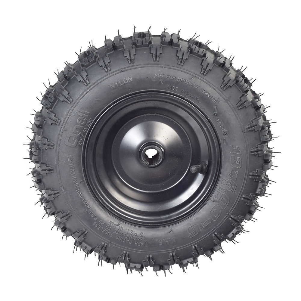 13x5.00-6 Rear Wheel Assembly for the Mega Moto MM-K80R Go-Kart featuring a black tire with knobby tread and rim, ready to mount for optimal traction and performance on various terrains.