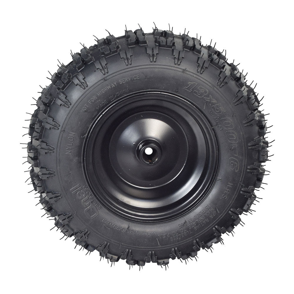 13x5.00-6 Rear Wheel Assembly for the Mega Moto MM-K80R Go-Kart, featuring a black tire with knobby spikes and a rim, pre-assembled and ready to mount for optimal traction on various surfaces.