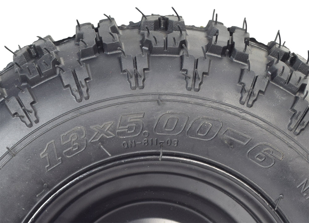 Close-up of the 13x5.00-6 Rear Wheel Assembly for the Mega Moto MM-K80R Go-Kart, featuring a knobby tread tire and pre-mounted rim, highlighting its durable design for optimal traction and performance.