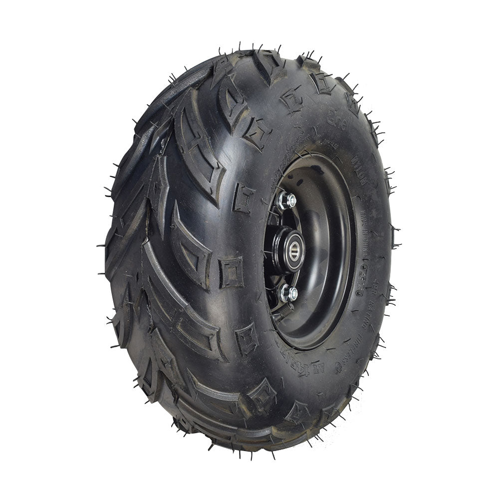 145/70-6 Front Wheel Assembly for the Coleman RB100 105cc Mini Bike features a spiked tire with V-tread, solid spokeless rim, and 6201RS wheel bearings for enhanced control on rough surfaces.