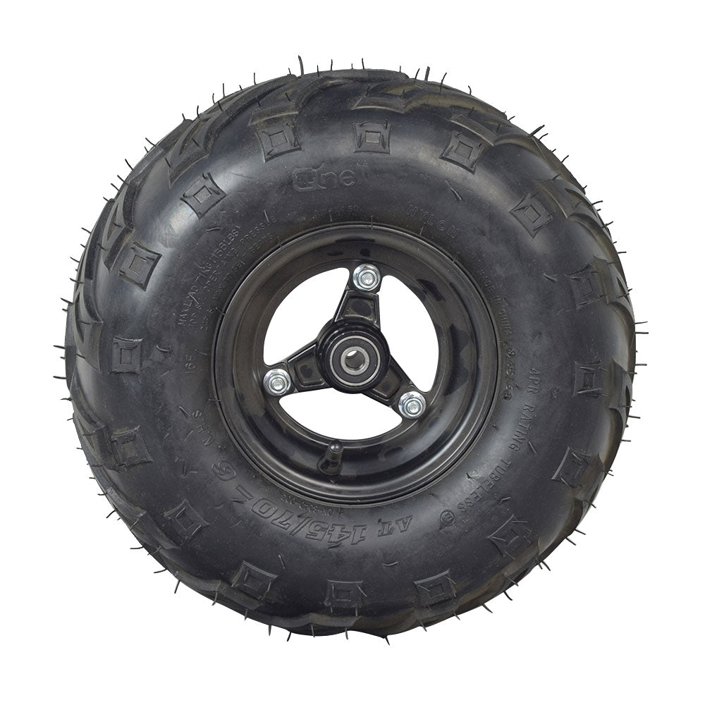 145/70-6 Front Wheel Assembly for the Coleman RB100 105cc Mini Bike featuring a mud-slinging V-tread tire, solid spokeless rim, and 6201RS wheel bearings, ideal for rough and loose surfaces.