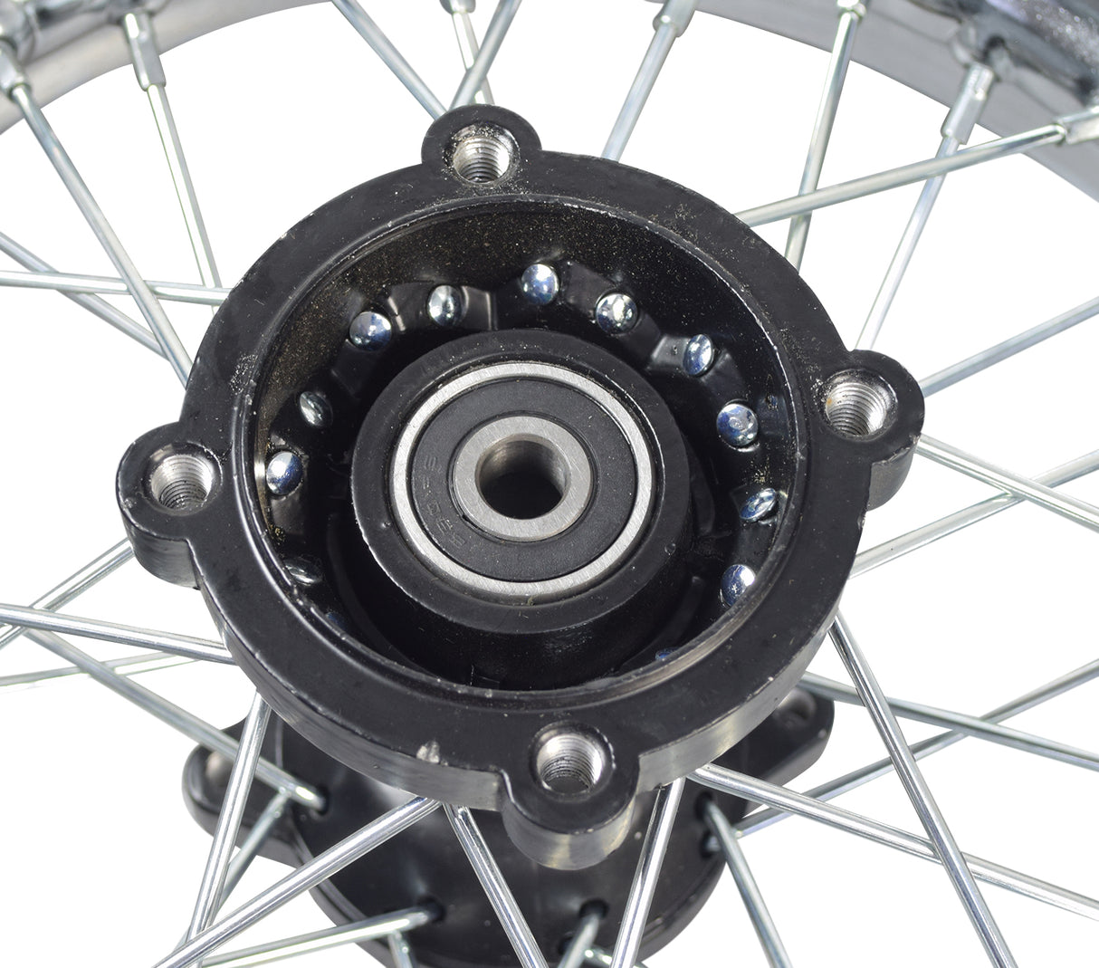 Close-up of the 12 (3.00-12) Rear Rim & Tire Wheel Assembly for Dirt Bikes with Drum Brakes (Version 2), showcasing black and silver spokes, hub, and knobby tread tire.