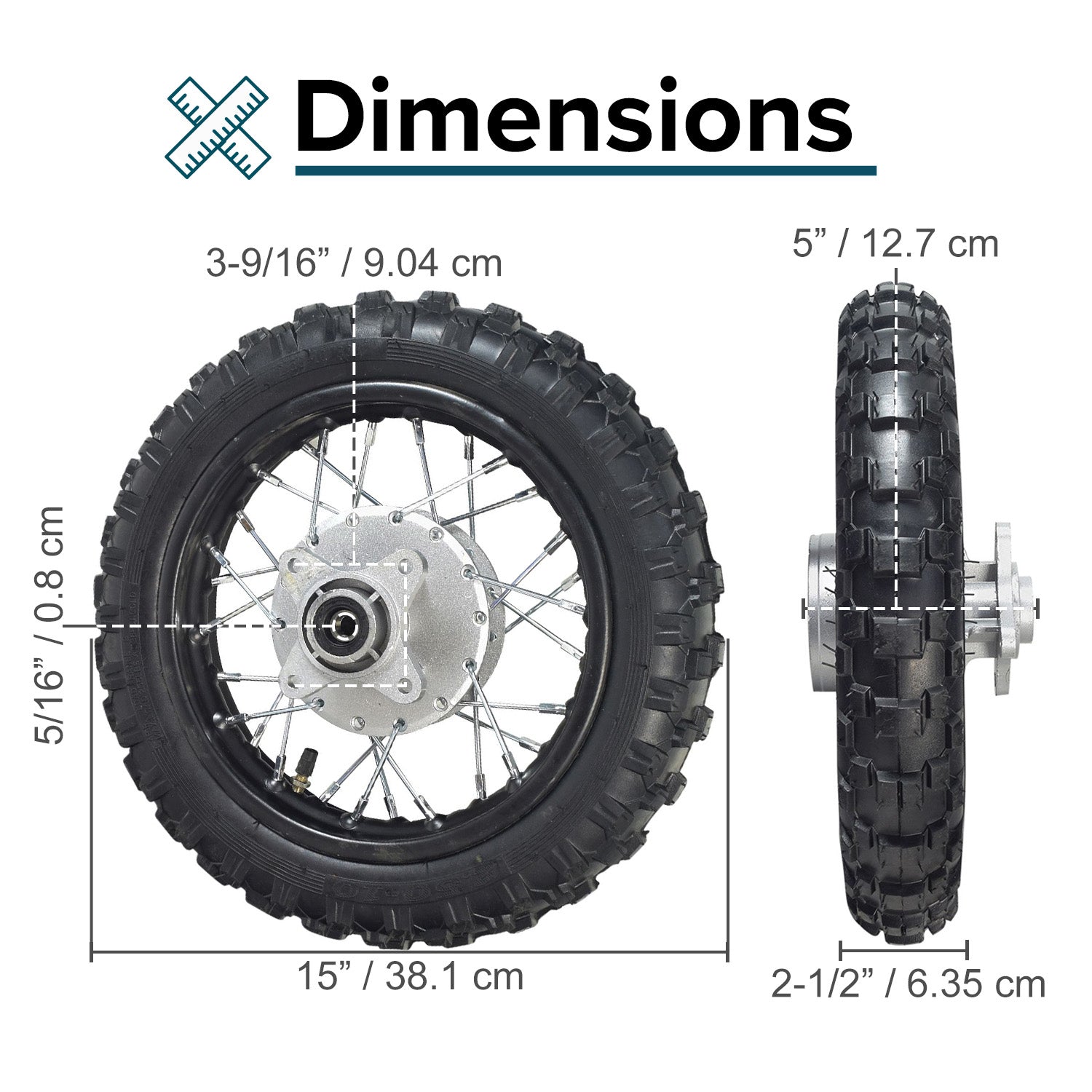 10 (2.50-10) Rear Rim & Tire Wheel Assembly for Dirt Bikes, featuring a close-up of the tire tread, spokes, and rim, suitable for 50cc to 110cc engines.