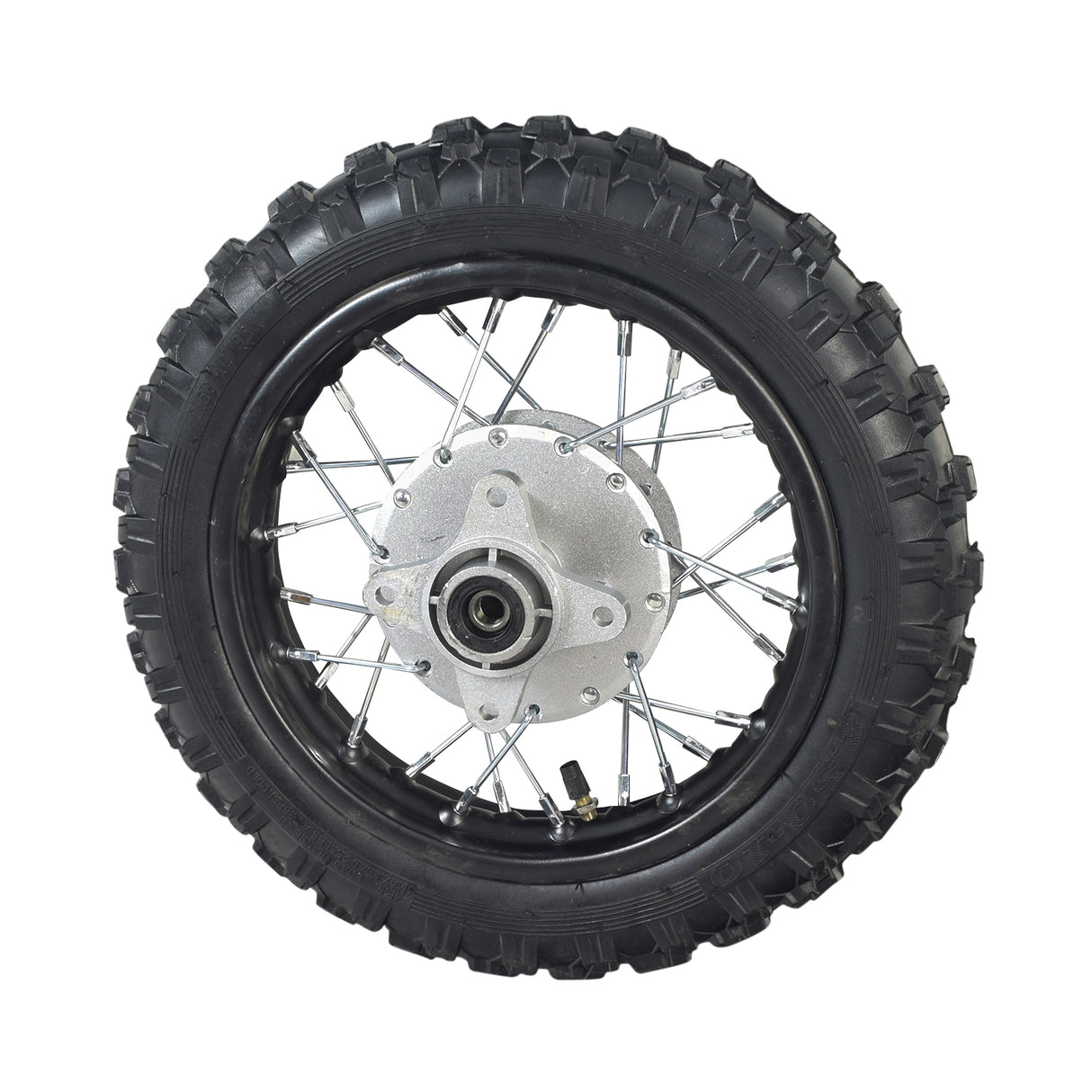 10 (2.50-10) Rear Rim & Tire Wheel Assembly for Dirt Bikes featuring a black tire with silver spokes, designed for 50cc to 110cc engines. Ideal for rear wheel replacement.