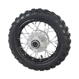 10 (2.50-10) Rear Rim & Tire Wheel Assembly for Dirt Bikes featuring a black tire with silver spokes, designed for 50cc to 110cc engines. Ideal for rear wheel replacement.