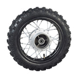 10 (2.50-10) Rear Rim & Tire Wheel Assembly for Dirt Bikes, featuring a black tire with silver spokes, ideal for 50cc, 70cc, and 110cc engines.