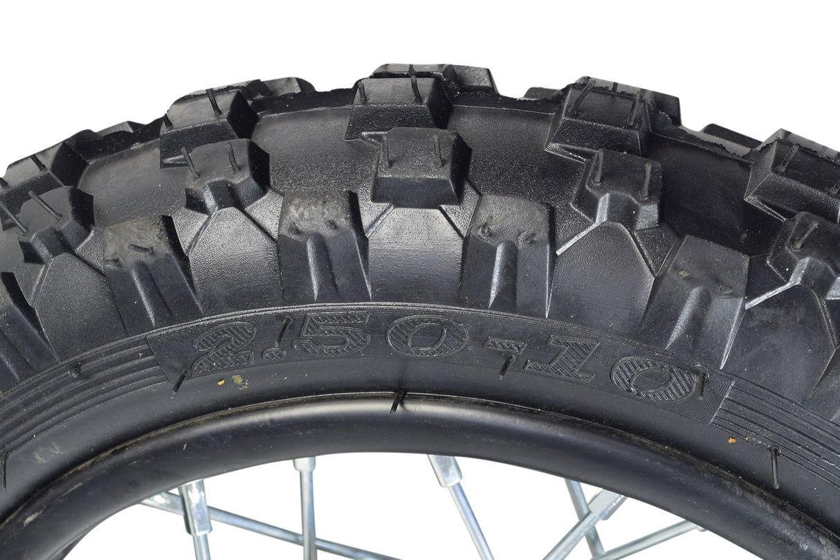 Close-up of the 10 (2.50-10) Rear Rim & Tire Wheel Assembly for Dirt Bikes, highlighting detailed tire treads and rim design, ideal for 50cc, 70cc, and 110cc engines.