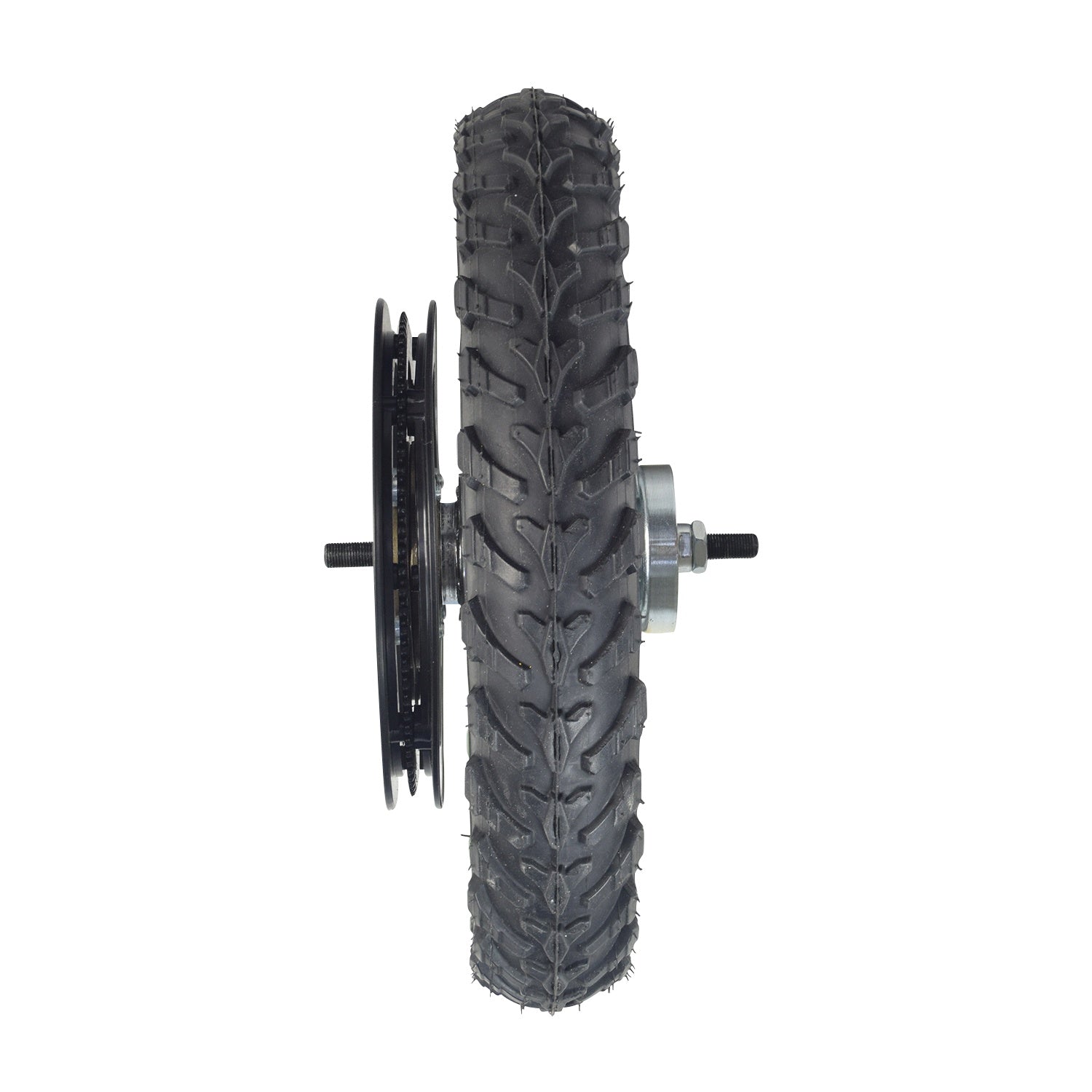 Rear Wheel Assembly for Razor MX125 & SX125 Dirt Bikes, showcasing a black tire with metal rim, axle, brake assembly, and chain plate, designed for optimal performance and durability for dirt bikes.