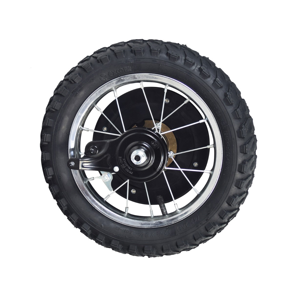 Rear Wheel Assembly for Razor MX125 & SX125 Dirt Bikes, featuring a black tire with a silver rim, complete with the axle, inner tube, brake assembly, chain plate, and freewheel.