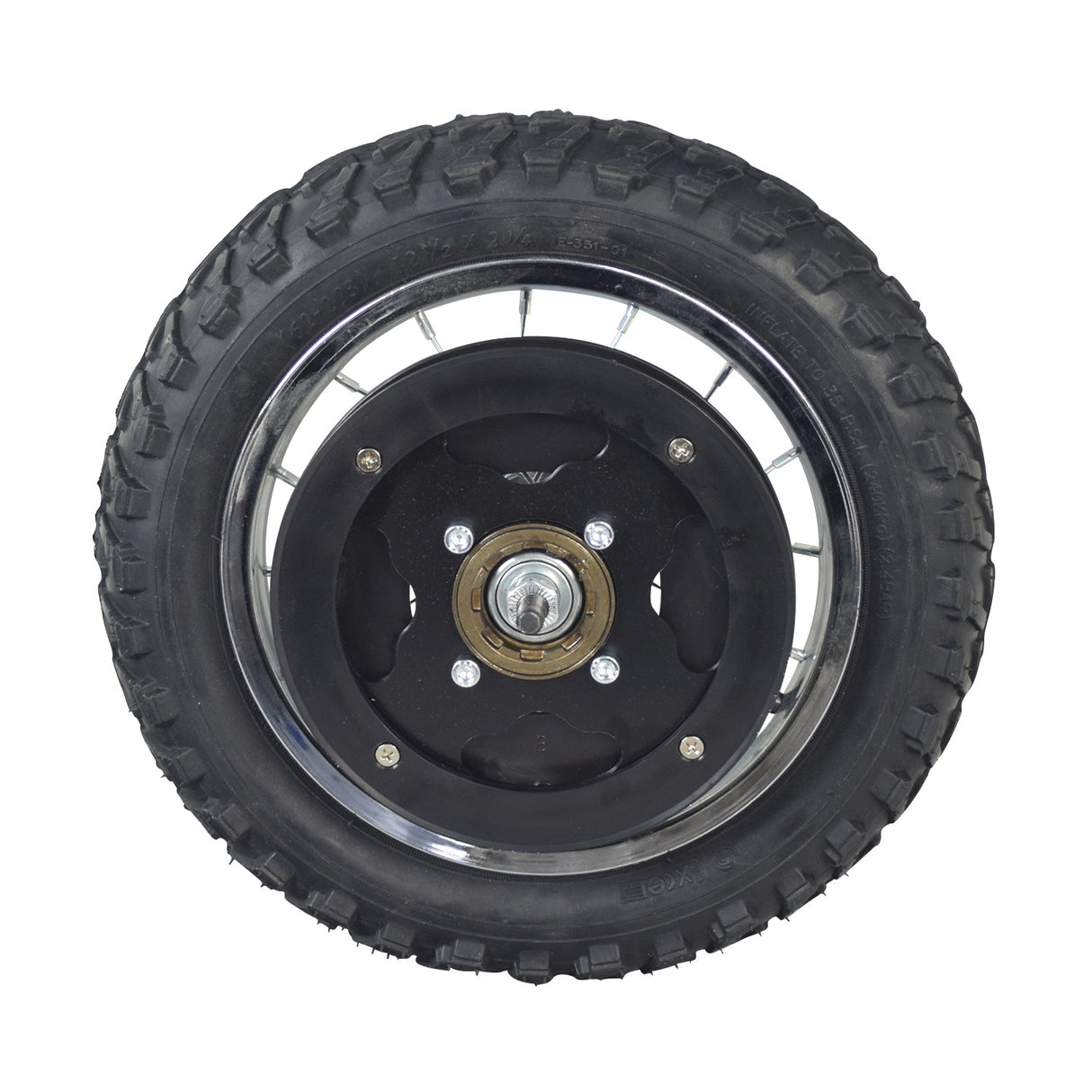 Rear Wheel Assembly for Razor MX125 & SX125 Dirt Bikes, featuring a black tire with a silver rim, complete with brake assembly, chain plate, and axle.