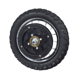 Rear Wheel Assembly for Razor MX125 & SX125 Dirt Bikes, featuring a black tire with a silver rim, visible tread, and central nut and bolt detail.