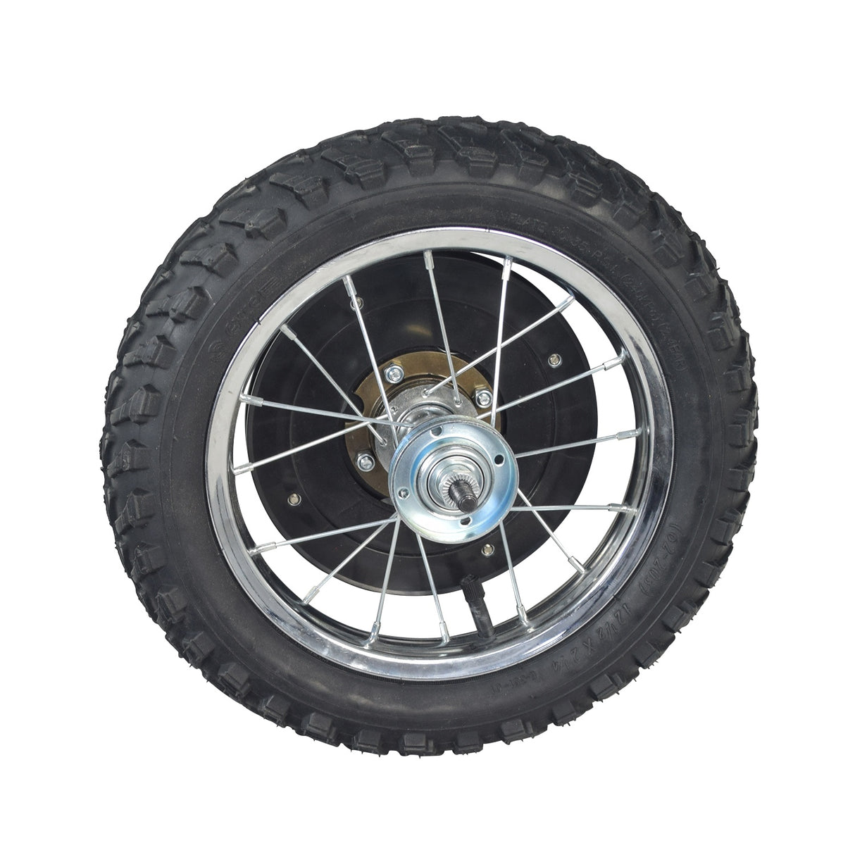 Rear Wheel Assembly for Razor MX125 & SX125 Dirt Bikes, featuring a 12-1/2 x 2-1/4 tire, metal rim, spokes, hub, brake assembly, and chain plate with freewheel.