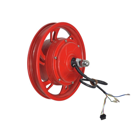 36 Volt Hub Motor & Red Rim for the Jetson Bolt Electric Bike, featuring an integrated 8-wire harness, axle, and crown nuts, showcasing a close-up of the red rim with attached wires.