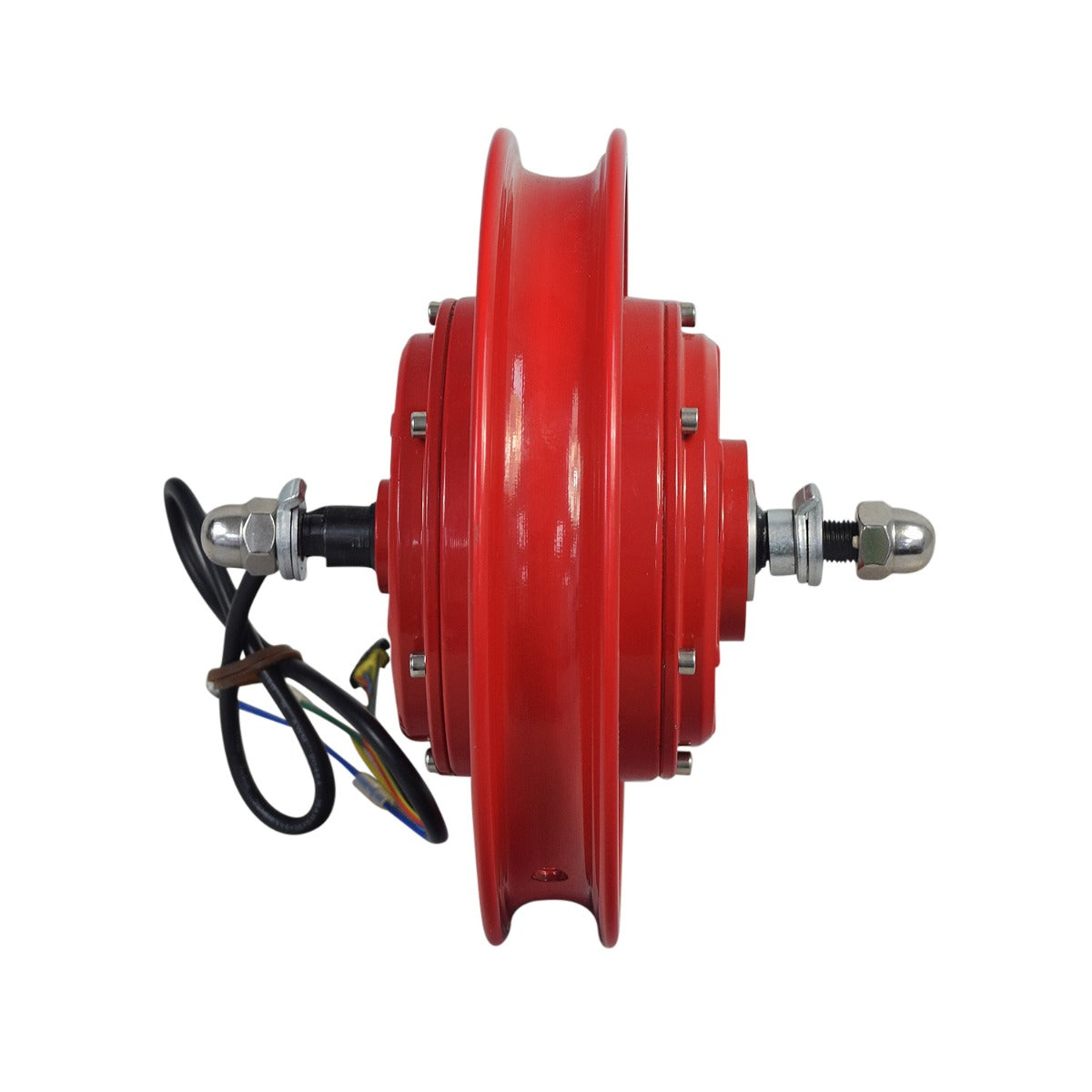 36 Volt Hub Motor & Red Rim for the Jetson Bolt Electric Bike, showcasing a red wheel integrated with a black cable, axle, crown nuts, and an 8-wire harness.