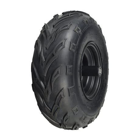 Front Wheel Assembly with Tire for the Baja MB200 Mini Bike, featuring a black tire with an aggressive V-tread pattern, mounted on a metal wheel, complete with bearings, valve, spacers, and additional hardware.