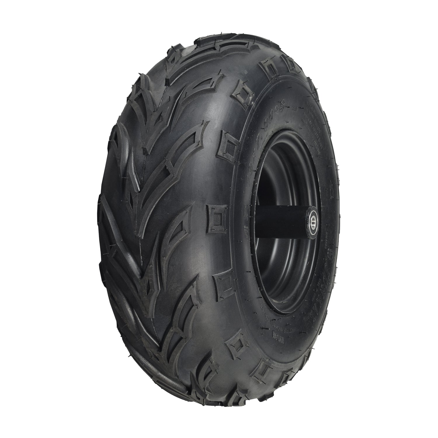 Front Wheel Assembly with Tire for the Realtree RT200 196cc Mini Bike, featuring a robust 19x7.00-8 tire, metal rim, bearings, valve, spacers, and hardware for secure attachment.