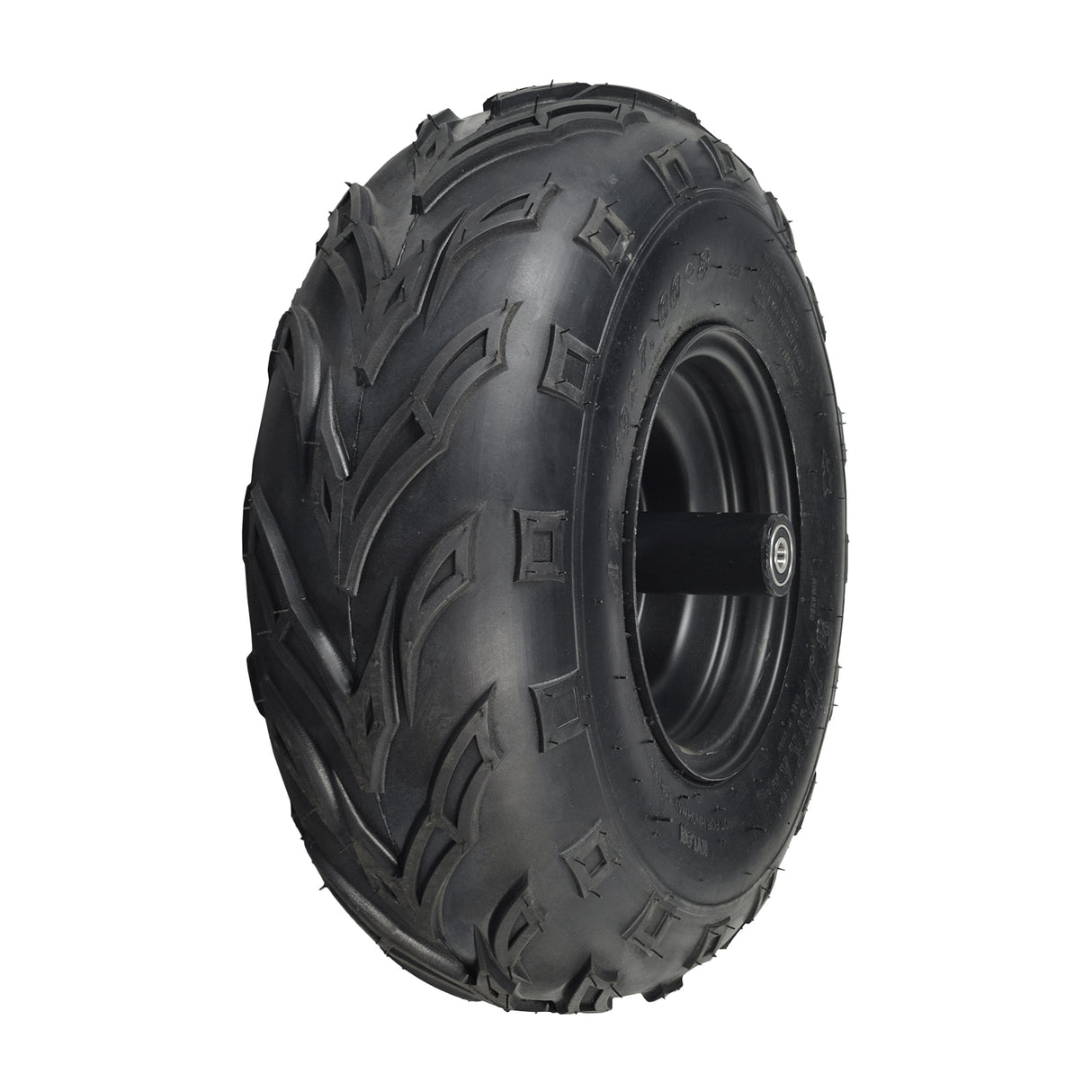 Front Wheel Assembly with Tire for the Coleman RB200 212cc Mini Bike (Blemished) featuring a black tire with aggressive V-tread and a metal wheel rim, ideal for off-road traction and control.