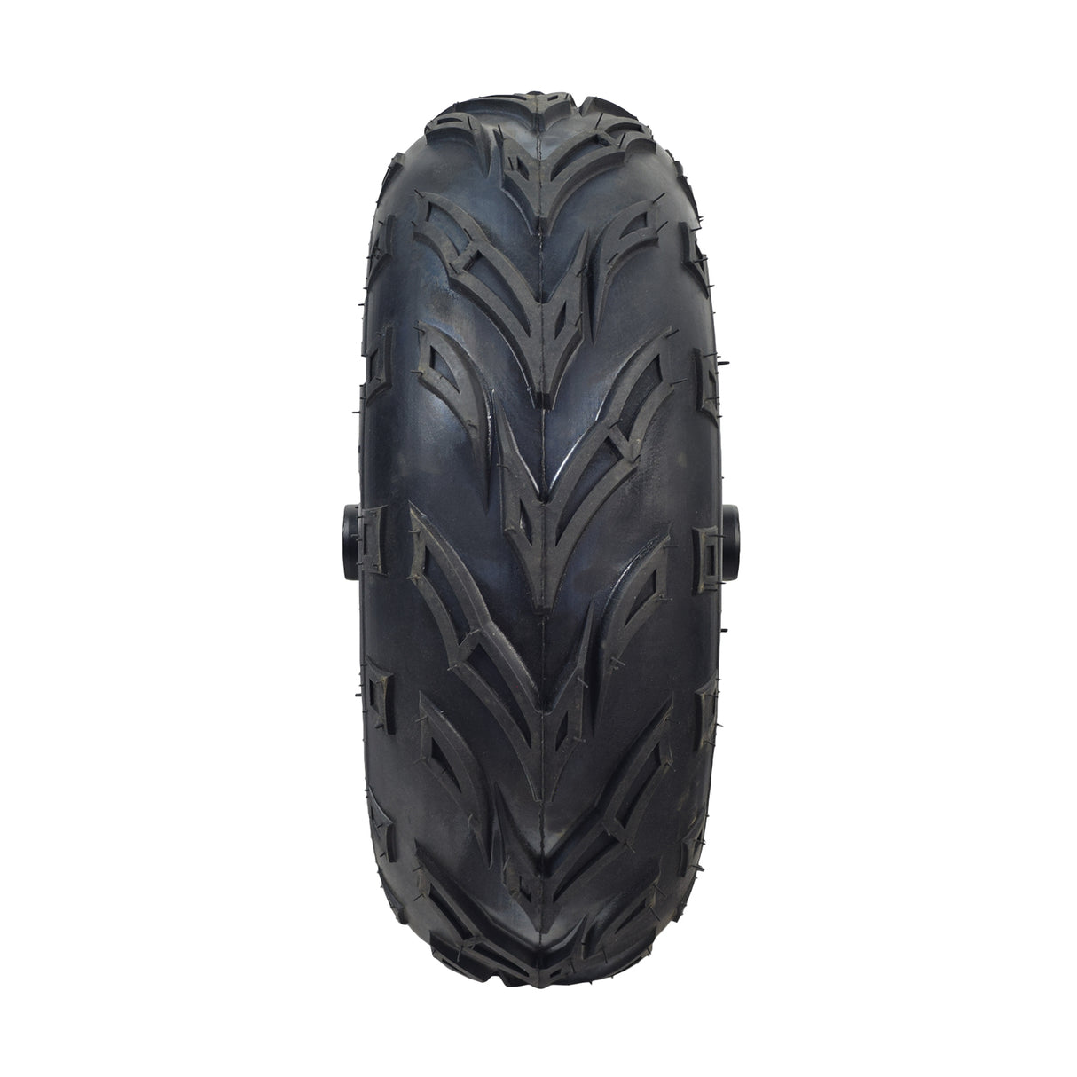 Front Wheel Assembly with Tire for the Baja MB200 Mini Bike featuring an aggressive V-tread pattern, complete with rim, bearings, valve, spacers, and hardware for optimal traction and control.