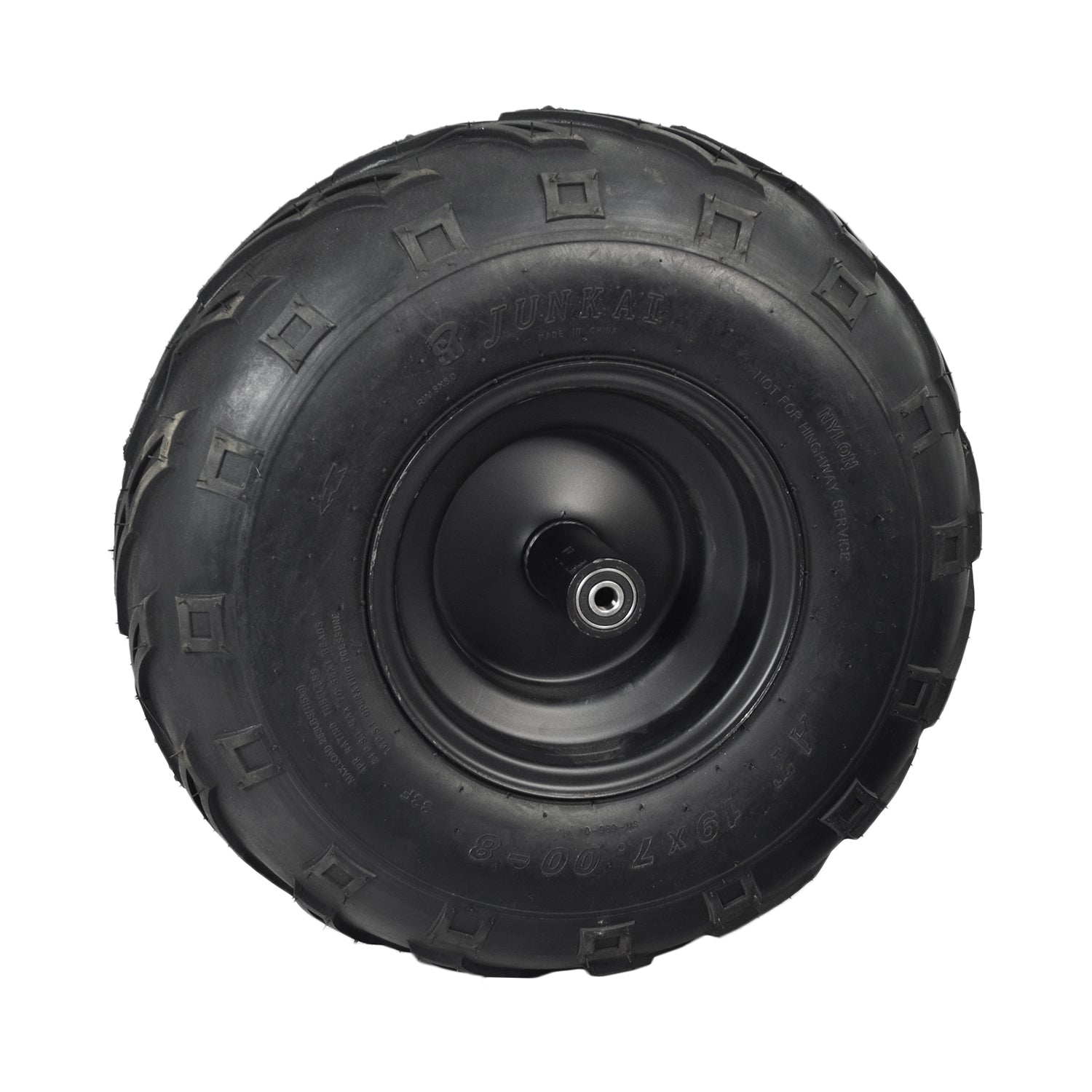 Front Wheel Assembly with Tire for Massimo Warrior MB200 & MB200S Mini Bikes, featuring a black wheel with a metal center, V-tread tire, and complete hardware for optimal traction and control.