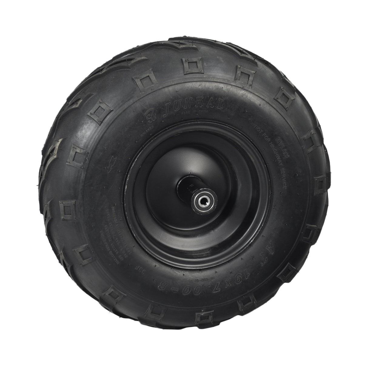 Front Wheel Assembly with Tire for the Baja MB200 Mini Bike, featuring a black rubber tire with V-tread, mounted on a metal rim, complete with bearings, valve, and spacers for optimal performance.