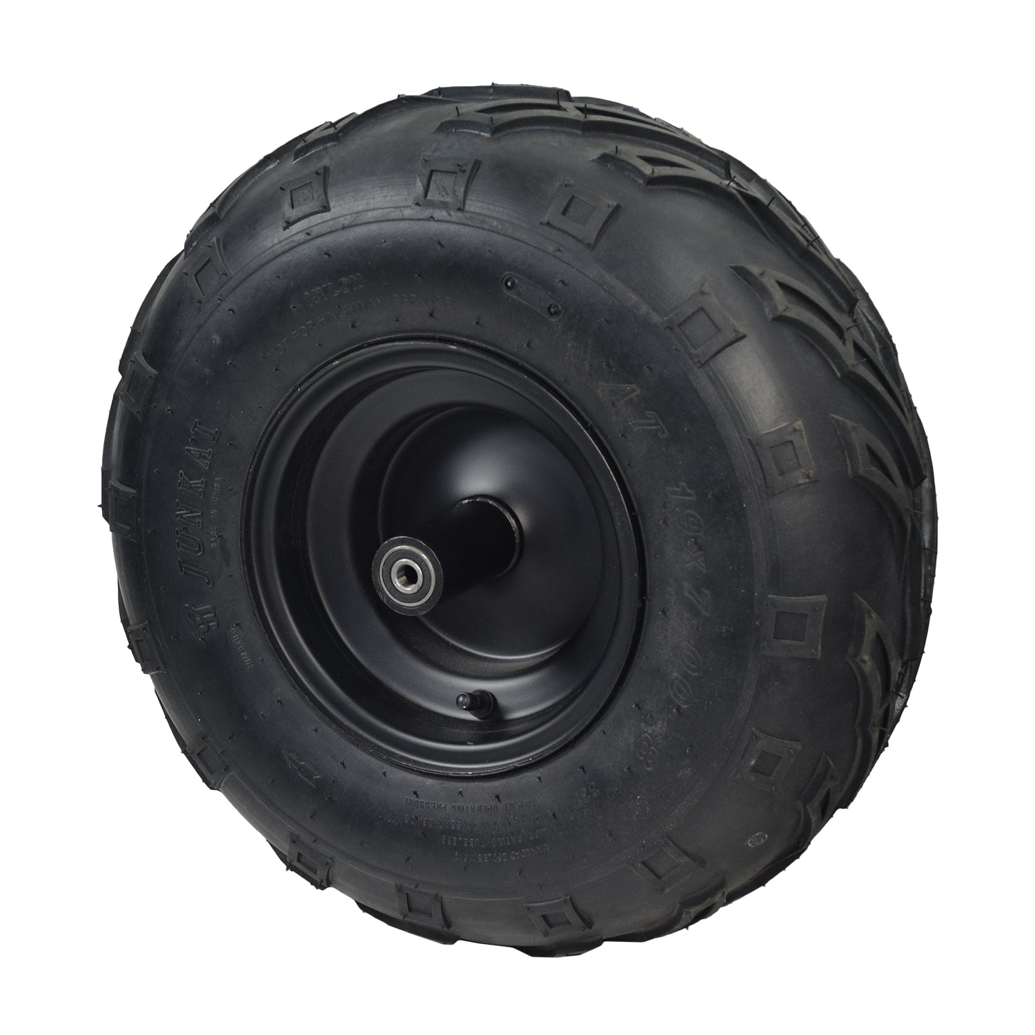 Front Wheel Assembly with Tire for the Baja MB200 Mini Bike, showcasing a sturdy metal rim and aggressive V-tread for optimal grip and control on various terrains. Includes bearings, valve, and spacers.