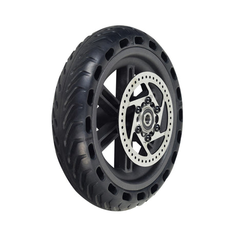 Rear Wheel Assembly with Axle for the Razor T25 Electric Scooter, featuring an 8-1/2x2 solid black tire with a silver rim, pre-assembled with rear axle and brake disc.