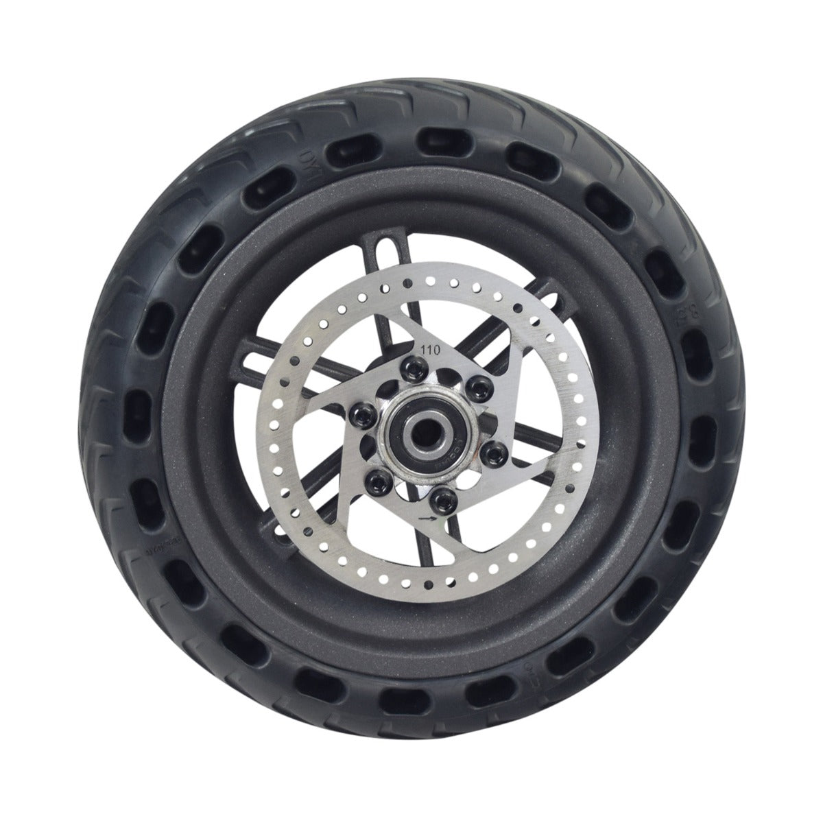 Rear Wheel Assembly with Axle for the Razor T25 Electric Scooter, featuring an 8-1/2x2 solid black tire, silver rim, rear axle, and brake disc, all pre-assembled for easy installation.