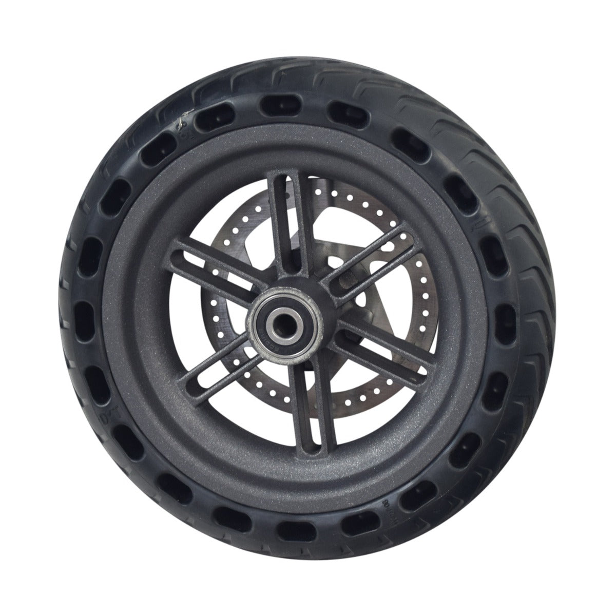 Rear Wheel Assembly with Axle for the Razor T25 Electric Scooter, featuring a solid 8-1/2x2 tire, black rim, and brake disc, all pre-assembled for easy replacement.