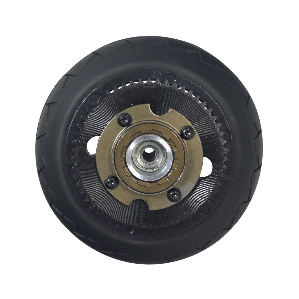 Rear Wheel Assembly for the Viro Rides Vega 2-in-1 Scooter, featuring a solid polyurethane tire, metal rim, hub, bearings, 55 tooth sprocket, and brake drum, displayed in a close-up view.