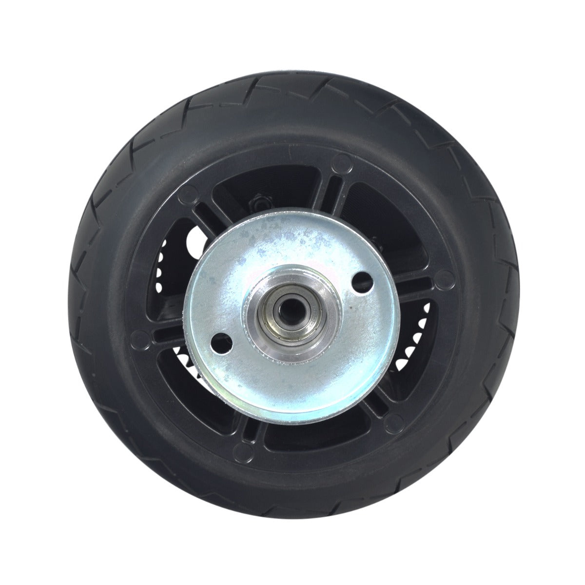 Rear Wheel Assembly for the Viro Rides Vega 2-in-1 Scooter, featuring a solid polyurethane tire, metal rim, hub, bearings, 55 tooth sprocket, and brake drum, shown in a close-up view.