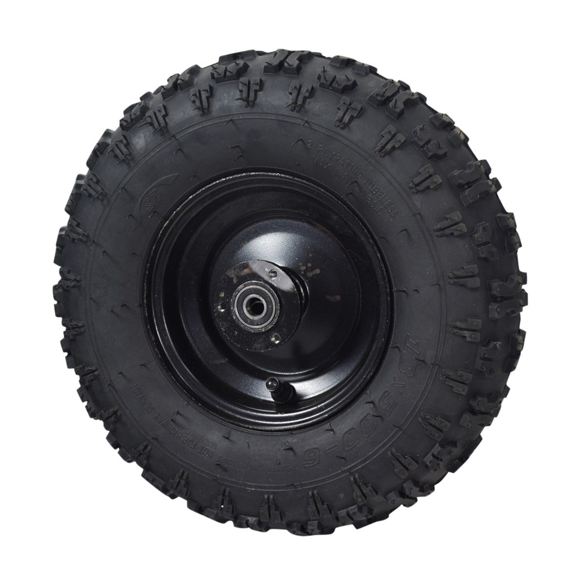 Rear Wheel Assembly for the Fit Right DB003 40cc 4-Stroke Mini Bike featuring a knobby tread tire, black enameled rim, pre-installed bearings, brake disc, and chain sprocket, designed for rough surfaces.