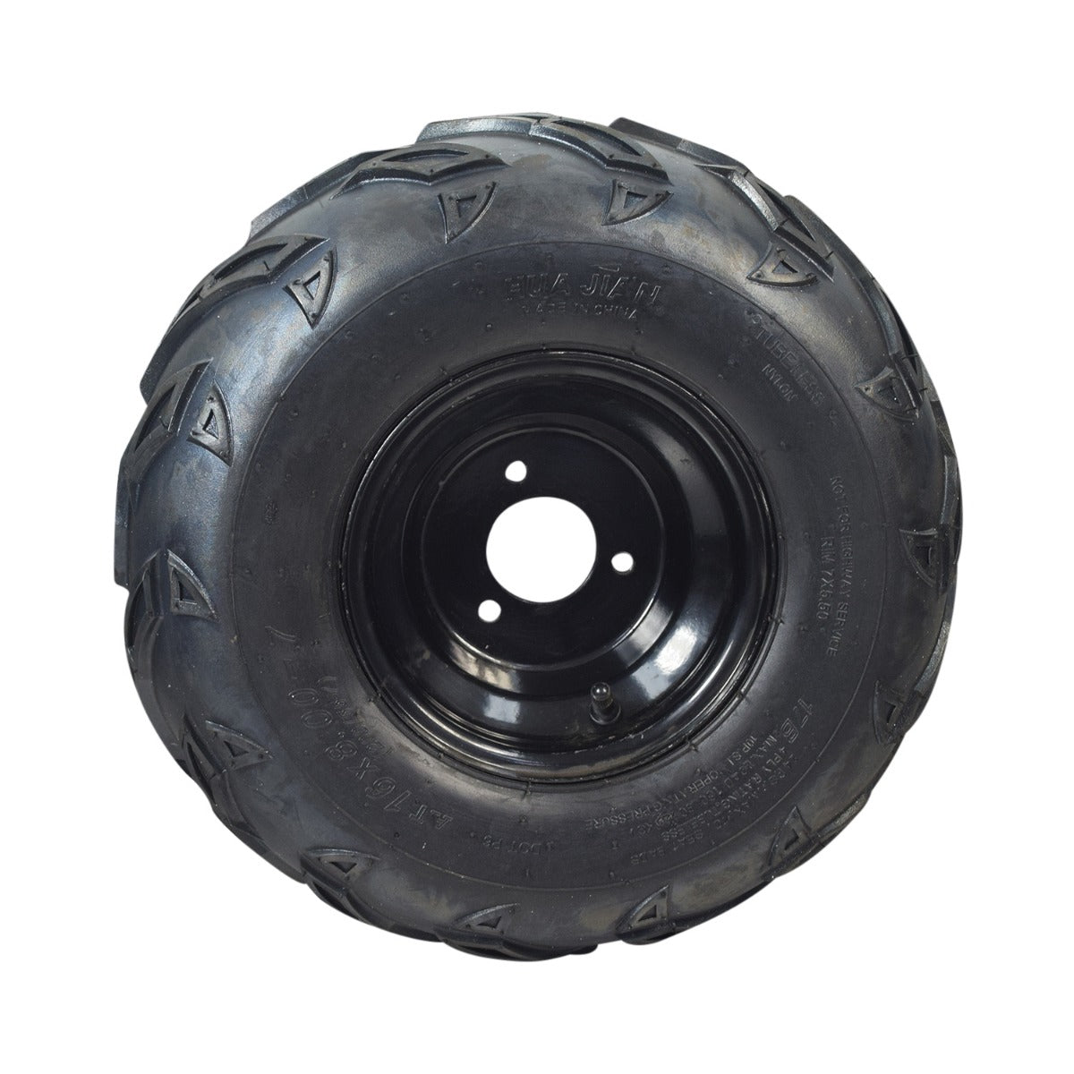 Rear Wheel Assembly with Rim & Tire for the Realtree RTK200 Go-Kart featuring a robust steel rim and 16x6-7 V-tread tire, designed for enhanced performance on loose surfaces.