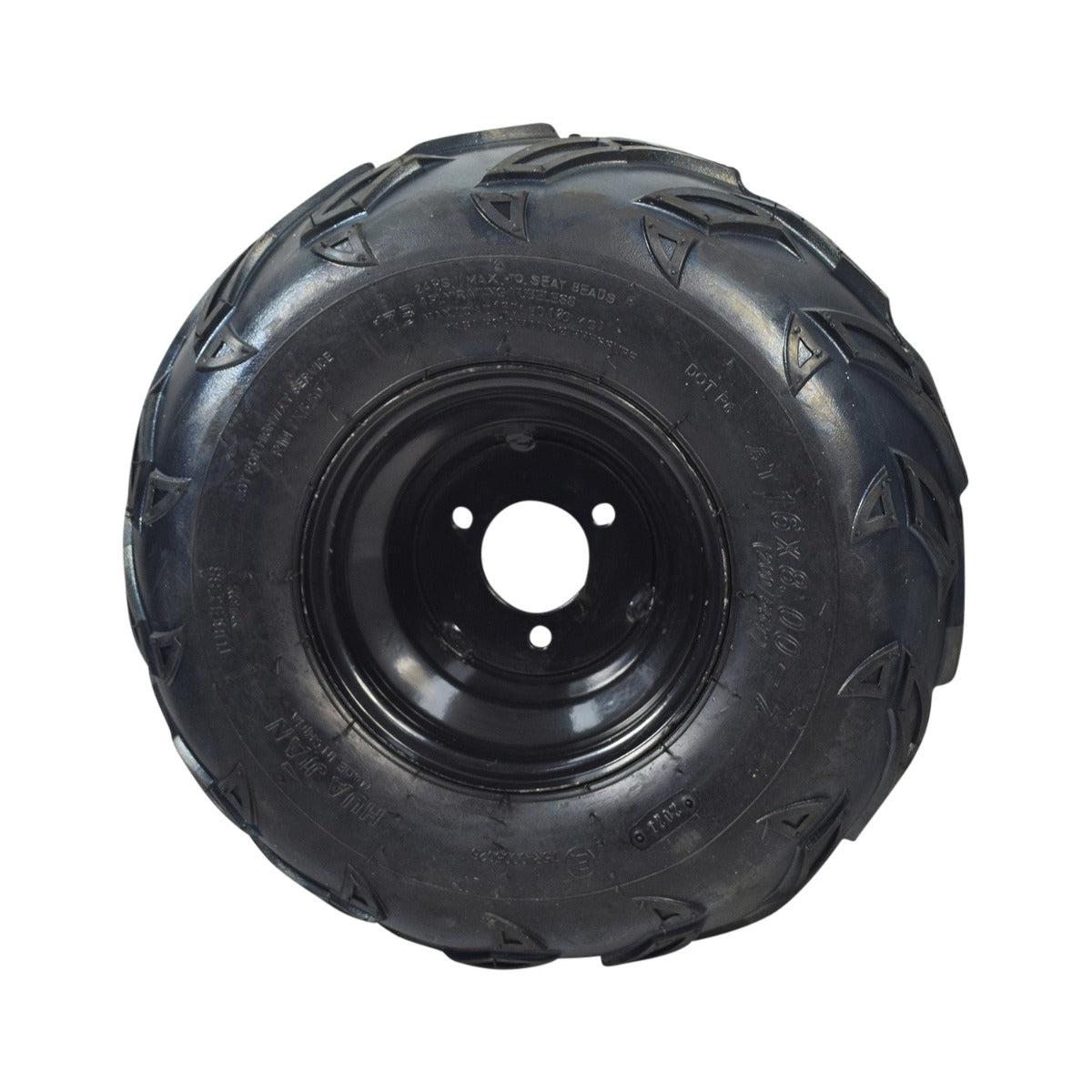 Rear Wheel Assembly with Rim & Tire for the Realtree RTK200 Go-Kart, featuring a 16x6-7 V-tread tire on a steel rim, designed for enhanced off-road performance.