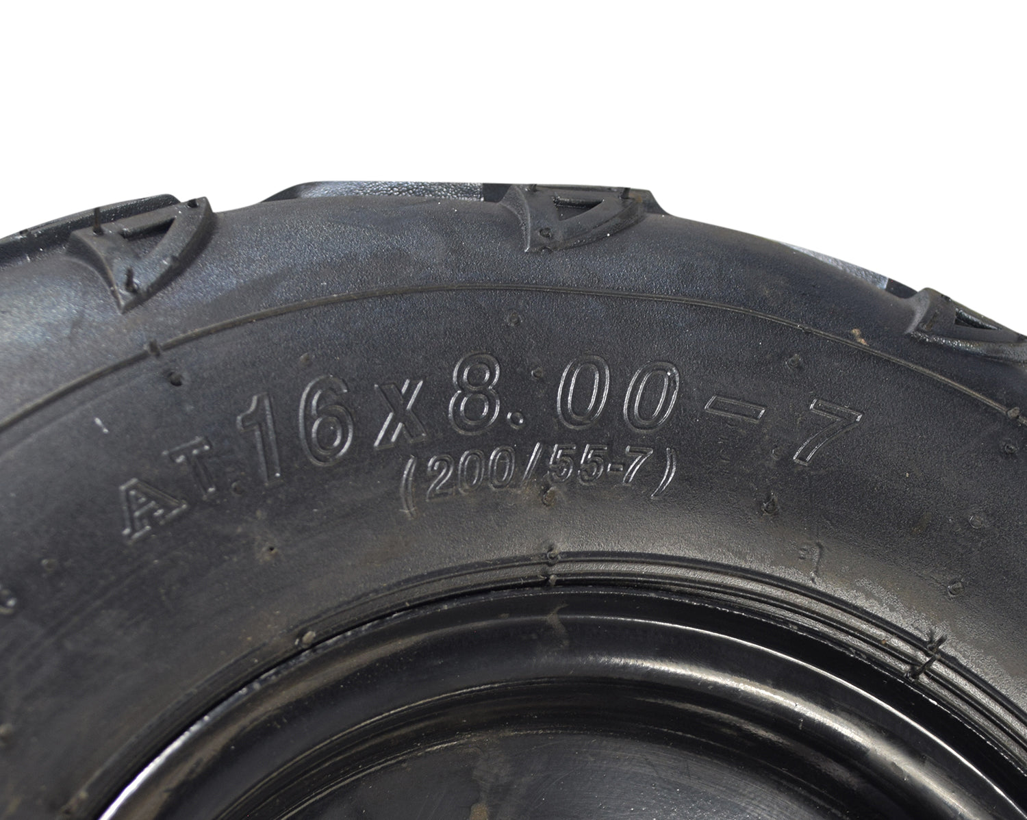 Close-up of the Rear Wheel Assembly with Rim & Tire for the Realtree RTK200 Go-Kart, featuring a 16x6-7 V-tread tire on a steel rim designed for enhanced performance on loose surfaces.