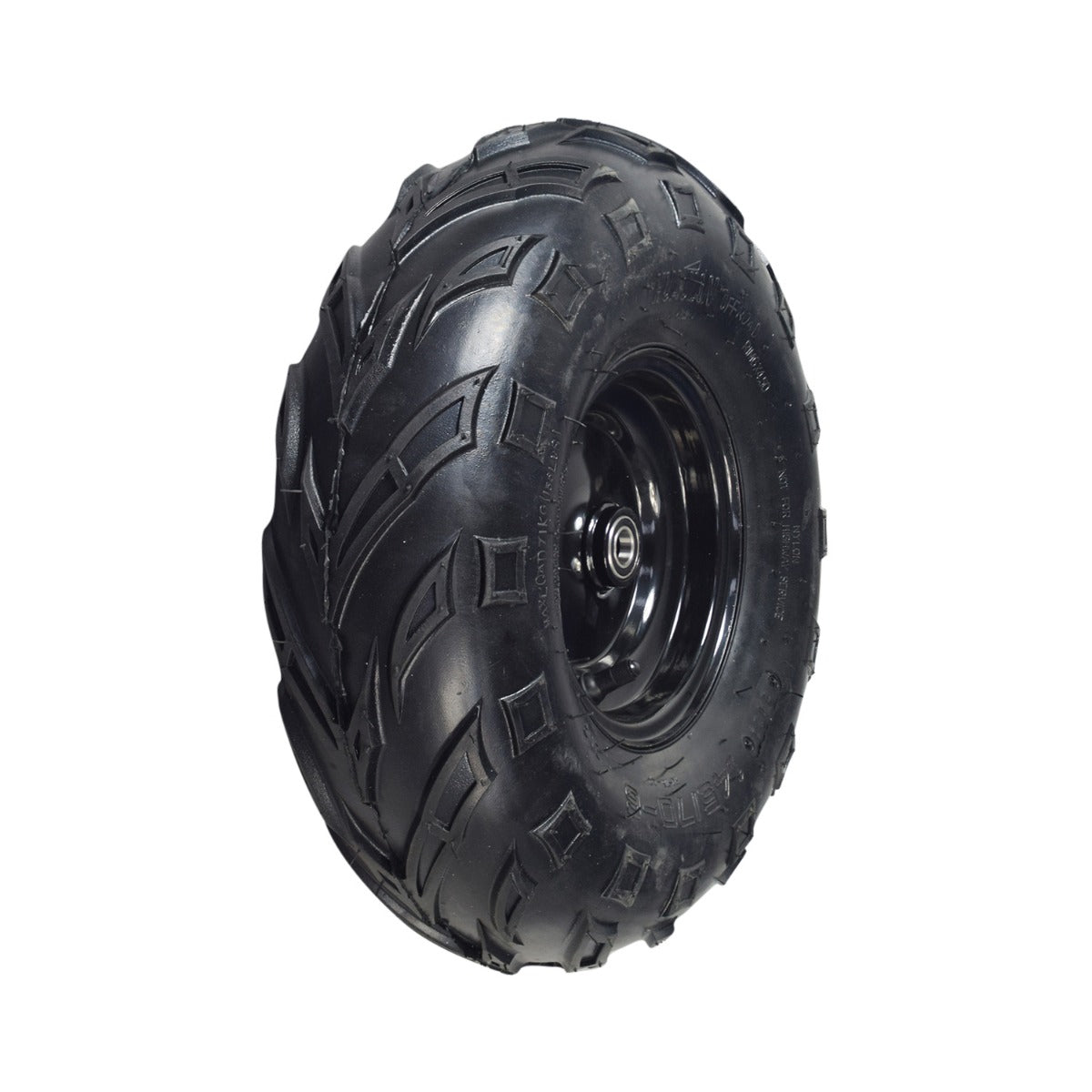 Front Wheel Assembly with Rim & Tire for the Realtree RTK200 Go-Kart, highlighting a robust steel rim paired with a 145/70-6 tubeless pneumatic V-tread tire designed for enhanced traction on tracks and trails.